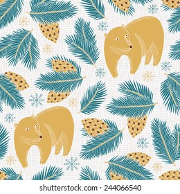Bear and cone seamless pattern. Vector illustration. 