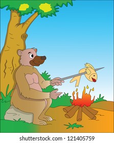 Bär Kochen eines Fisches auf einem Campfire, Vektorgrafik
