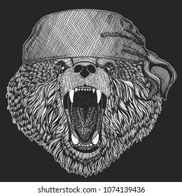 Bear Cool pirate, biker animal for tattoo, t-shirt, emblem, badge, logo, patch. Motorcycle bandana