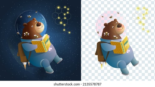 Bear cosmonaut character reading a book in outer space, cute astronaut teddy bear study a book. Funny cute cartoon science character for children. Vector illustration for kids in watercolor style.