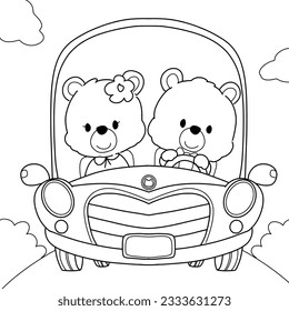 Pareja de oso en la página del libro de dibujos animados de coches aislados de fondo blanco.