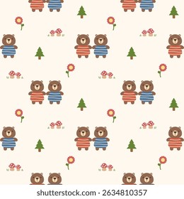 Bear couple cartoon so cute. On tree flower mushroom background. Pattern seamless vector illustration. 