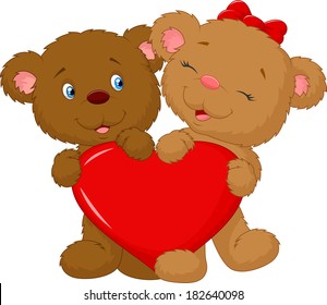 Bear couple holding red heart shape