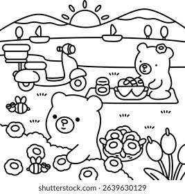 A bear couple picnics and watches the sunset by the lake, easy coloring for kids, vector, illustration, coloring book, coloring page, cozy, cute, bold, comfy