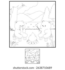 A bear couple roasting masrhmallows together. A bear couple sharing marshmallows by the campfire. Summer coloring page with a cute couple of bears roasting marshmallows. Cozy coloring page.
