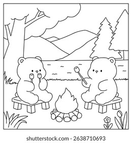A bear couple roasting masrhmallows together. A bear couple sharing marshmallows by the campfire. Summer coloring page with a cute couple of bears roasting marshmallows. Cozy coloring page.