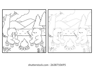 A bear couple roasting masrhmallows together. A bear couple sharing marshmallows by the campfire. Summer coloring page with a cute couple of bears roasting marshmallows. Cozy coloring page.