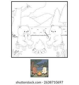 A bear couple roasting masrhmallows together. A bear couple sharing marshmallows by the campfire. Summer coloring page with a cute couple of bears roasting marshmallows. Cozy coloring page.