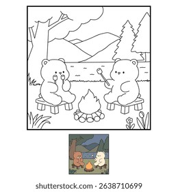A bear couple roasting masrhmallows together. A bear couple sharing marshmallows by the campfire. Summer coloring page with a cute couple of bears roasting marshmallows. Cozy coloring page.