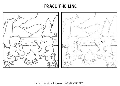 A bear couple roasting masrhmallows together. A bear couple sharing marshmallows by the campfire. Summer coloring page with a cute couple of bears roasting marshmallows. Cozy coloring page.