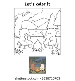 A bear couple roasting masrhmallows together. A bear couple sharing marshmallows by the campfire. Summer coloring page with a cute couple of bears roasting marshmallows. Cozy coloring page.