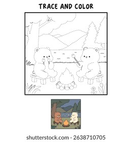 A bear couple roasting masrhmallows together. A bear couple sharing marshmallows by the campfire. Summer coloring page with a cute couple of bears roasting marshmallows. Cozy coloring page.