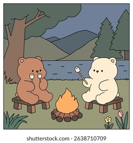 A bear couple roasting masrhmallows together. A bear couple sharing marshmallows by the campfire. Summer coloring page with a cute couple of bears roasting marshmallows. Cozy coloring page.