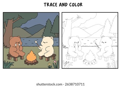 A bear couple roasting masrhmallows together. A bear couple sharing marshmallows by the campfire. Summer coloring page with a cute couple of bears roasting marshmallows. Cozy coloring page.