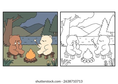A bear couple roasting masrhmallows together. A bear couple sharing marshmallows by the campfire. Summer coloring page with a cute couple of bears roasting marshmallows. Cozy coloring page.