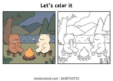 A bear couple roasting masrhmallows together. A bear couple sharing marshmallows by the campfire. Summer coloring page with a cute couple of bears roasting marshmallows. Cozy coloring page.