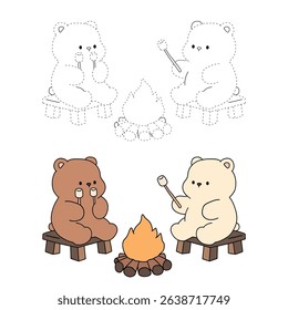 A bear couple roasting masrhmallows together. A bear couple sharing marshmallows by the campfire. Summer coloring page with a cute couple of bears roasting marshmallows. Cozy coloring page.