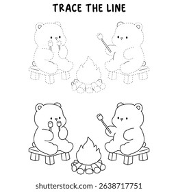 A bear couple roasting masrhmallows together. A bear couple sharing marshmallows by the campfire. Summer coloring page with a cute couple of bears roasting marshmallows. Cozy coloring page.