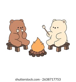 A bear couple roasting masrhmallows together. A bear couple sharing marshmallows by the campfire. Summer coloring page with a cute couple of bears roasting marshmallows. Cozy coloring page.