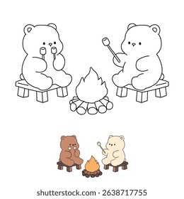 A bear couple roasting masrhmallows together. A bear couple sharing marshmallows by the campfire. Summer coloring page with a cute couple of bears roasting marshmallows. Cozy coloring page.
