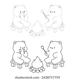 A bear couple roasting masrhmallows together. A bear couple sharing marshmallows by the campfire. Summer coloring page with a cute couple of bears roasting marshmallows. Cozy coloring page.