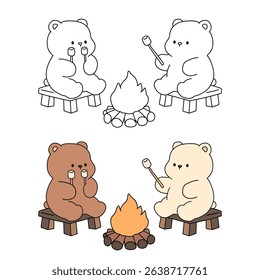 A bear couple roasting masrhmallows together. A bear couple sharing marshmallows by the campfire. Summer coloring page with a cute couple of bears roasting marshmallows. Cozy coloring page.