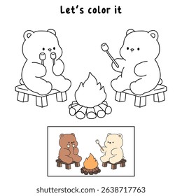A bear couple roasting masrhmallows together. A bear couple sharing marshmallows by the campfire. Summer coloring page with a cute couple of bears roasting marshmallows. Cozy coloring page.