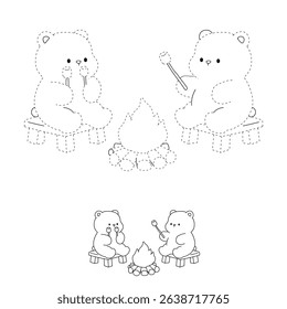 A bear couple roasting masrhmallows together. A bear couple sharing marshmallows by the campfire. Summer coloring page with a cute couple of bears roasting marshmallows. Cozy coloring page.