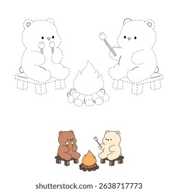 A bear couple roasting masrhmallows together. A bear couple sharing marshmallows by the campfire. Summer coloring page with a cute couple of bears roasting marshmallows. Cozy coloring page.