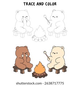 A bear couple roasting masrhmallows together. A bear couple sharing marshmallows by the campfire. Summer coloring page with a cute couple of bears roasting marshmallows. Cozy coloring page.