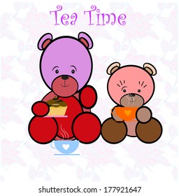 bear couple in tea time background of geometric shapes.