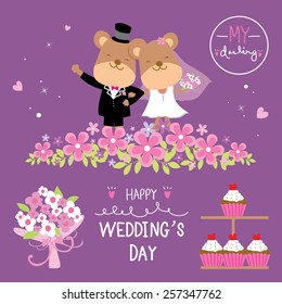 Bear Couple Wedding Flower Sweet cute cartoon Vector