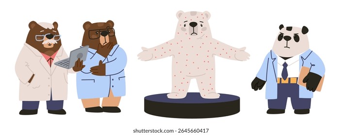 The bear is covered with red dots. Doctors are looking at a sick bear. Doctors' council. Flat vector illustration, eps10