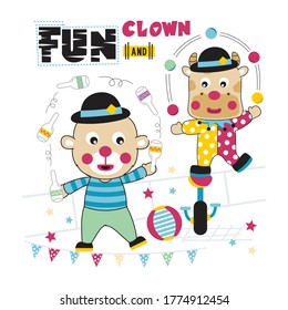 bear and cow on the circus funny animal cartoon,vector illustration