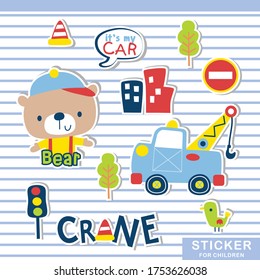 bear and crane design sticker funny animal cartoon,vector illustration