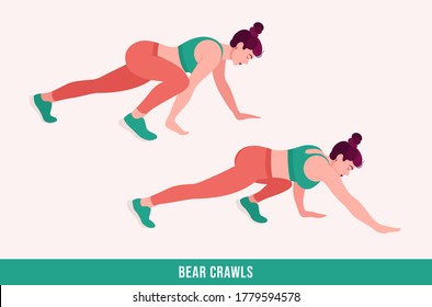 Bear Crawls Exercise, Woman Workout Fitness, Aerobic And Exercises. Vector Illustration.