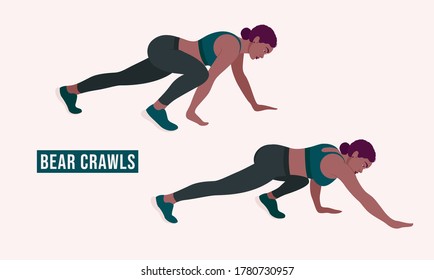 Bear Crawls Exercise, Woman Workout Fitness, Aerobic And Exercises. Vector Illustration.