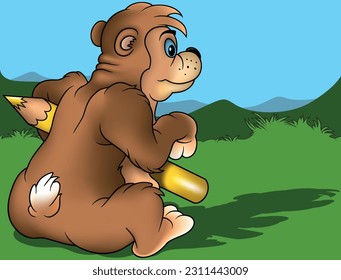 A Bear with a Crayon under his Arm Sitting on the Ground from Rear View - Colored Cartoon Illustration with Background, Vector