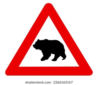 Bear crossing warning road sign. Vector illustration of bear caution traffic sign. Hazard attention red triangle mark.