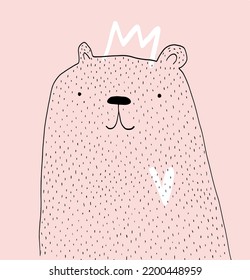 Bear in a Crown. Cute Big King Bear with a Tint White Heart on a Pastel Pink Background. Woodland Party Print with Lovely Bear. Mother Day Card. Nursery Vector Illustration ideal for Wall Art, Poster.