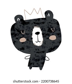 Bear in a Crown. Cute Nursery Vector Art with King Bear on a White Background. Lovely Hand Drawn Black Teddy Bear. King of the Forest Print ideal for Wall Art, Poster, Card. Woodland Party Print.