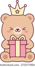 Oso con la corona que abraza la caja de regalo, carácter gordita kawaii con la cinta y el rubor, delineado limpio. Símbolo de celebración, recompensa, Regalías, deseo de cumpleaños, gratitud. Ilustración vectorial de dibujos animados.