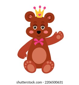 Bear with a crown on his head and a butterfly around his neck. Vector Illustration for backgrounds and packaging. Image can be used for greeting card, poster and sticker. Isolated on white background.