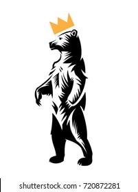 bear in the crown stands on hind legs. Wild animal logo