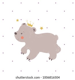 Bear with crown.cartoon hand drawn vector illustration. Can be used for baby t-shirt print, fashion print design, kids wear, baby shower celebration greeting and invitation card.
