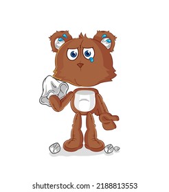 The Bear Cry With A Tissue. Cartoon Mascot Vector