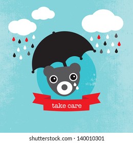 Bear crying in the rain kids illustration condolence for baby boy template for postcard