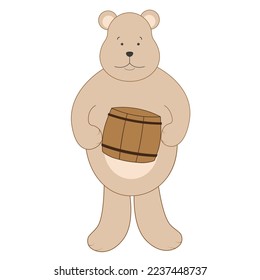 A bear cub with a barrel of honey on a white background. Vector children's illustration