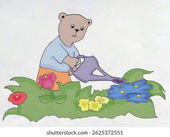 A bear cub in a blue T-shirt waters flowers with a watering can