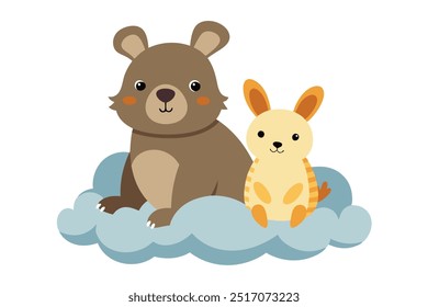 bear cub and a bunny are sitting on a cloud